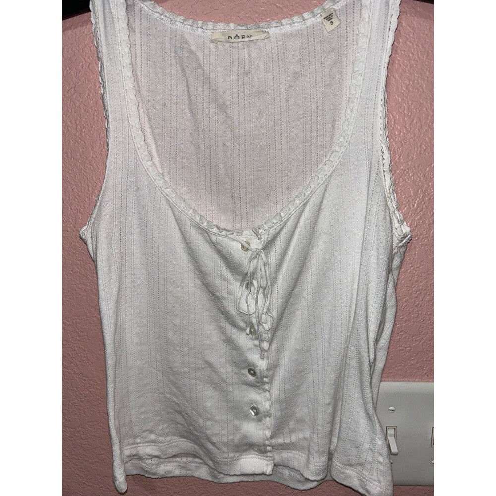 Doen Lois Tank Top size S Pointelle Knit Salt White Button Front Lace Trim - Picture 2 of 10